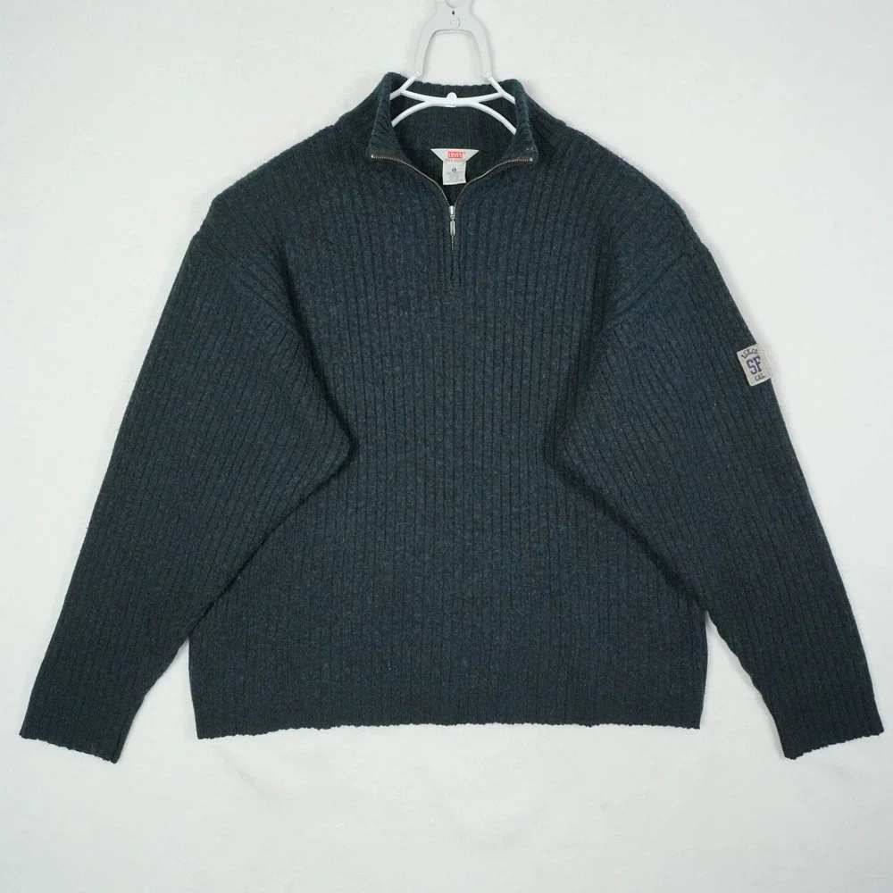 Vtg Y2K Levis Dry Goods Mens 1/4 Zip Ribbed Wool Blend Sweater Large SF CAL‎